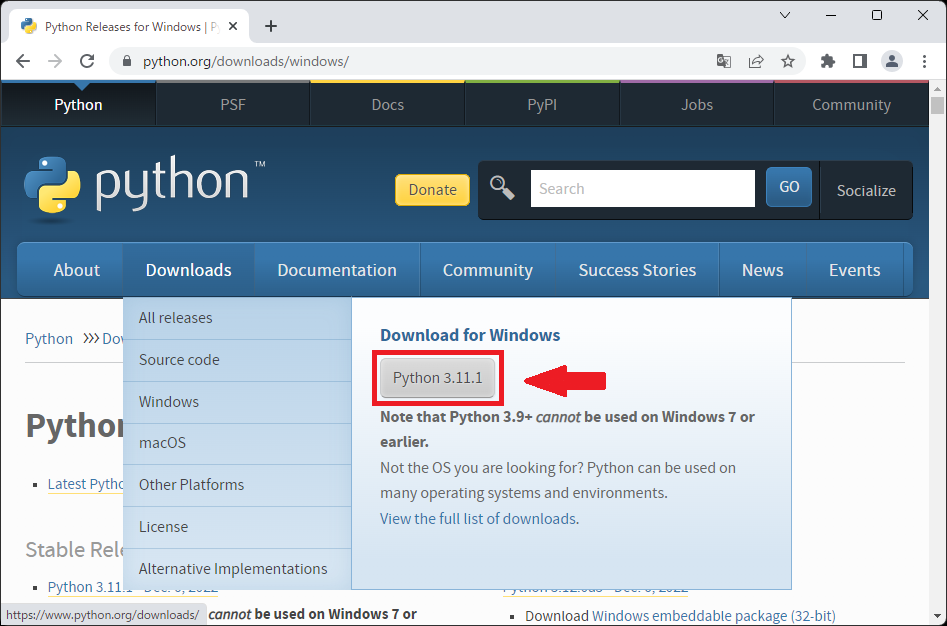 Python公式サイトのダウンロード画面
