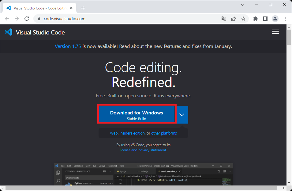 Visual Studio Code がダウンロードできるサイト